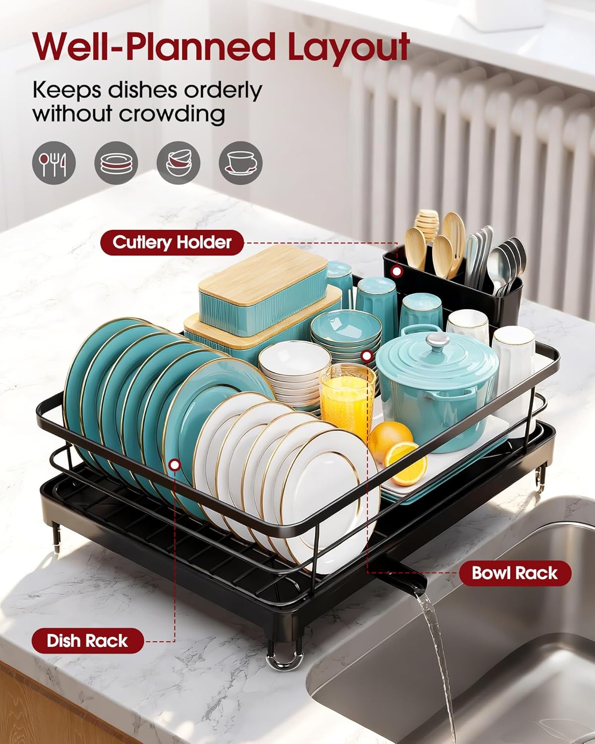 Skiennix Stainless Steel Dish Drying Rack - Kitchen Counter Organizer with Utensil Holder | 12.5''W x 16.5''L, Black