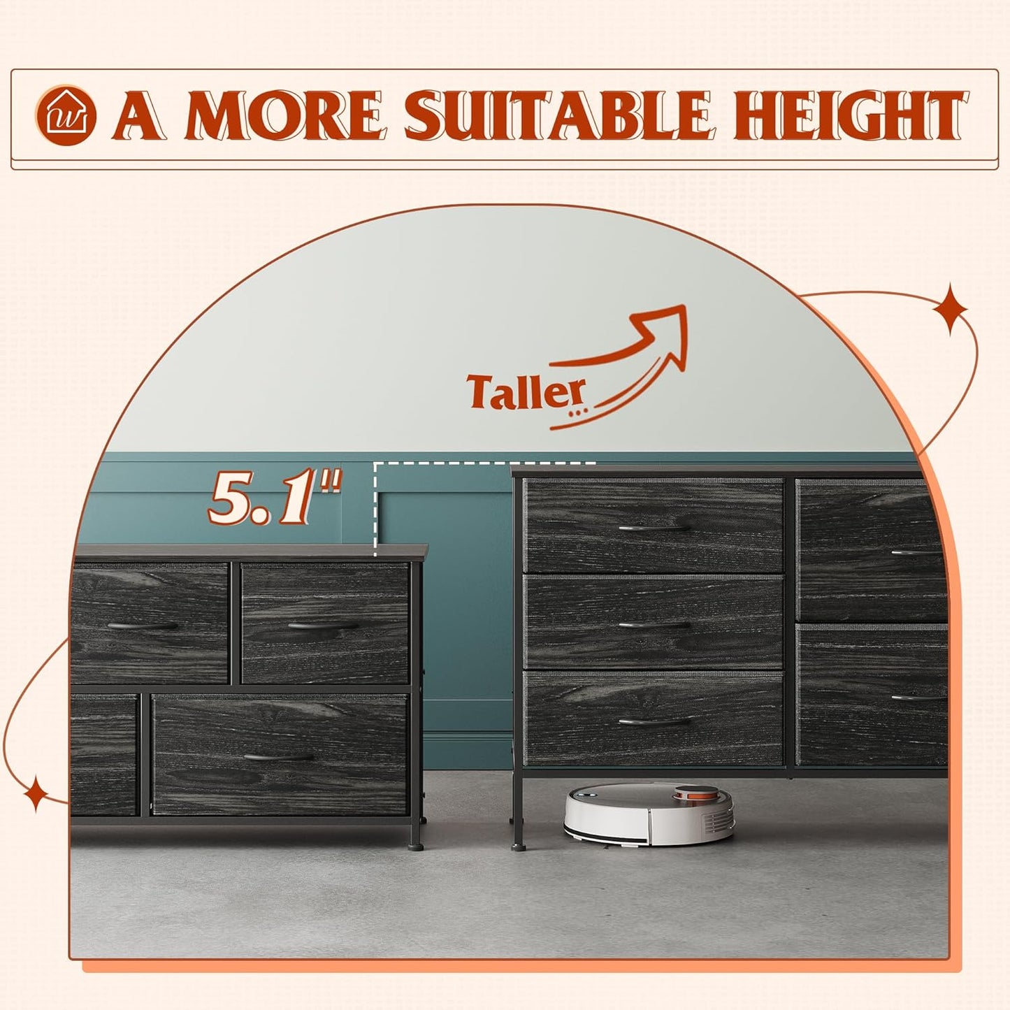 WLIVE Dresser - 5 Drawer Chest with Organizers | Stylish Fabric Storage for Bedroom & Living Room - Charcoal Black