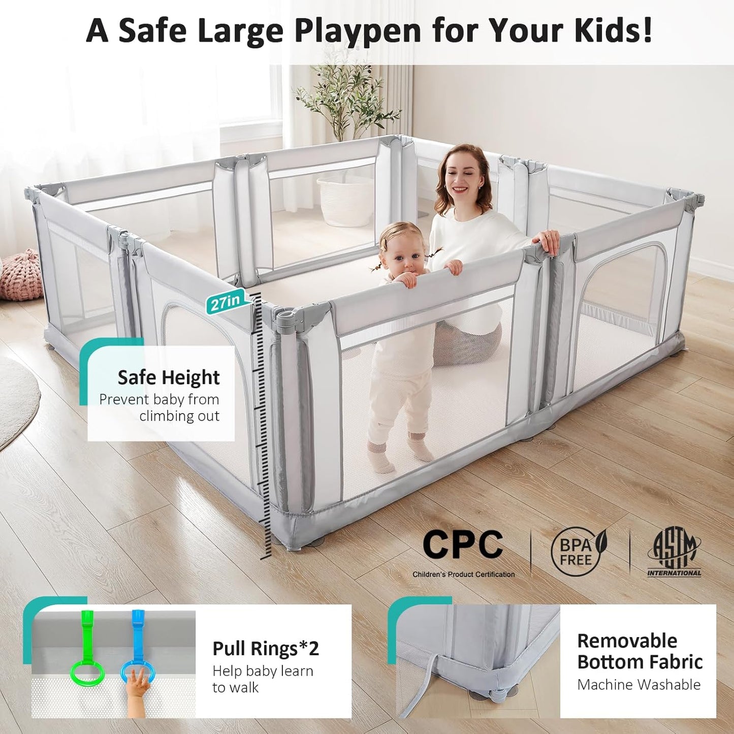 Doradotey Baby Playpen - Adjustable Large Playard for Infants & Toddlers | Foldable Indoor Mesh Fence, Light Grey 180x200x68cm