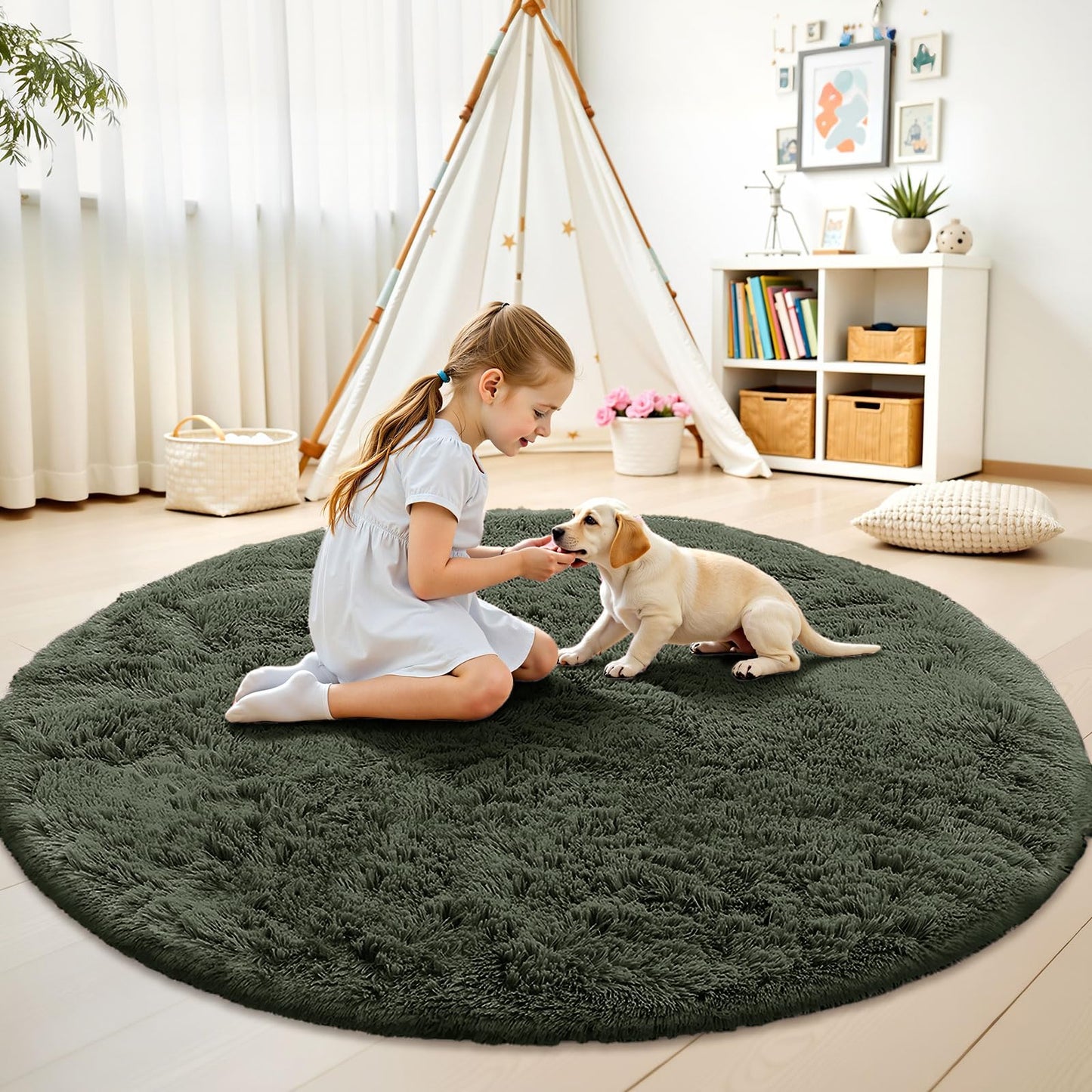 OLANLY Olive Green Round Rugs for Bedroom - Machine Washable, 8 ft Circle Area Rugs for Living Room, Soft and Fluffy Shaggy Carpet for Teen Girl and Boys, Nursery Rooms, Dorms, Home Decor Aesthetic