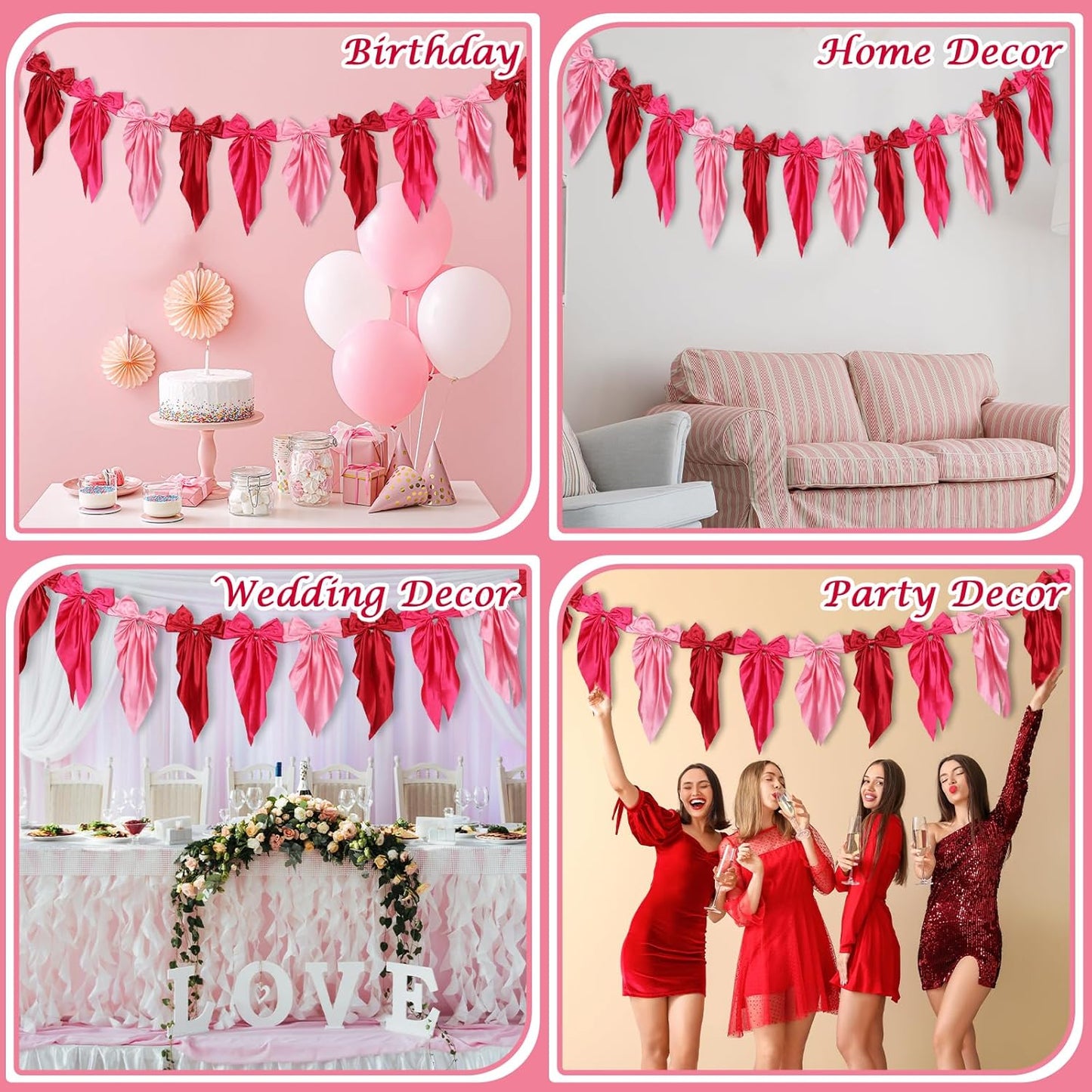 Skiennix Pink Bow Garland Banner - Satin Ribbon Decor for Fireplace | Perfect for Bachelorette, Bridal Shower & Birthday Parties (3 Red)