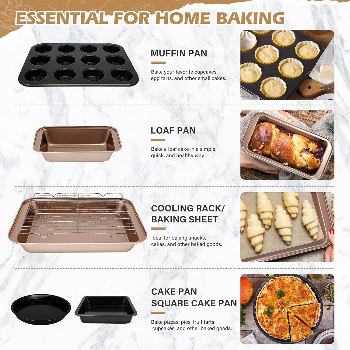 Skiennix Nonstick Bakeware Set - 15-Piece Baking Pan Collection with Cooling Rack & Accessories | Oven Safe Metal