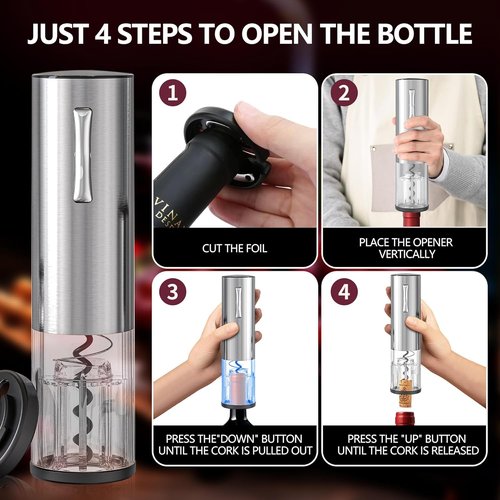 4-in-1 Rechargeable Electric Wine Opener Wine Aerator Gift Set with Electric Wine Decanter, Wine Stopper, Foil Cutter, Automatic Electric Wine Bottle Opener for Home Bar Parties, Stainless Steel
