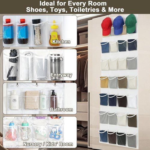 Bofoho Over the Door Shoe Organizer with 24 Crystal Clear Pockets and Metal Hooks – Heavy Duty Hanging Shoe Storage Rack for Closet, Bathroom, Dorm – Space Saving for Shoes, Accessories, Toys (White)