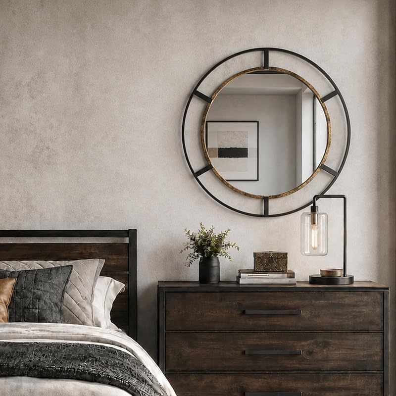 30-Inch Round Wall Mirror, Black & Antique Gold for Bathroom or Entryway - Variation: Black & Antique Gold+Round+30"L x 30"W