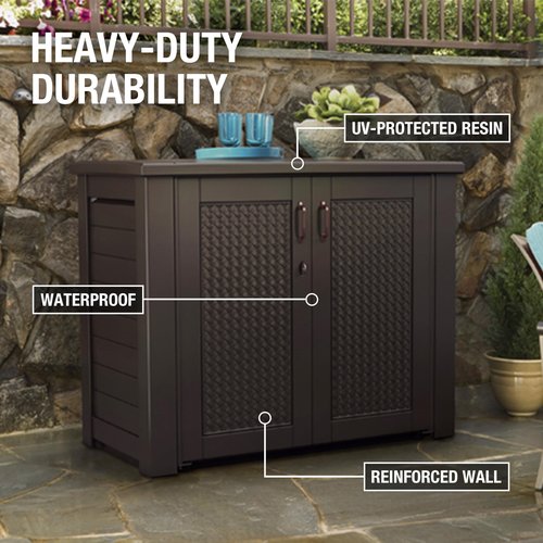 Rubbermaid Decorative Outdoor Storage Cabinet (123 Gal), Weather Resistant, Brown, Organization for Home/Backyard/Pool Chemicals/Toys/Garden Tools/Porch/Patio Cushions