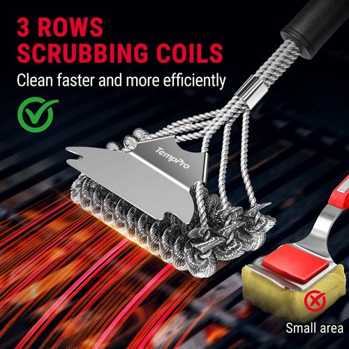 TempPro BBQ Grill Brush with Wide Scraper, Bristle-Free Stainless Steel Grilling Cleaner, Safe All-Grate Cleaner, Perfect for BBQ Grill Cleaning Accessory (Previously ThermoPro)
