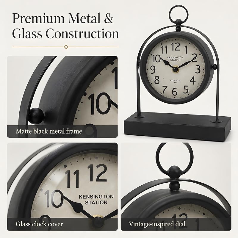 Vintage Black Table Clock with Glass Cover – Silent Mantel Desk Clock