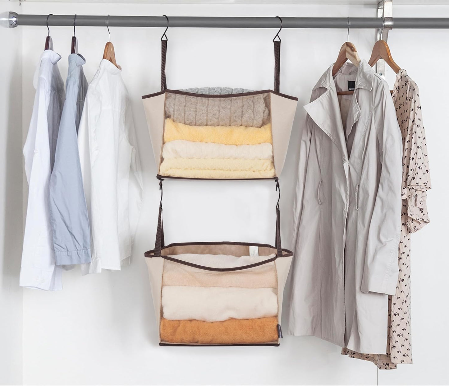 Storage Maniac 2-Shelf Hanging Closet Organizer - Canvas Shelf with Hooks for Dorms & Bedrooms | Beige