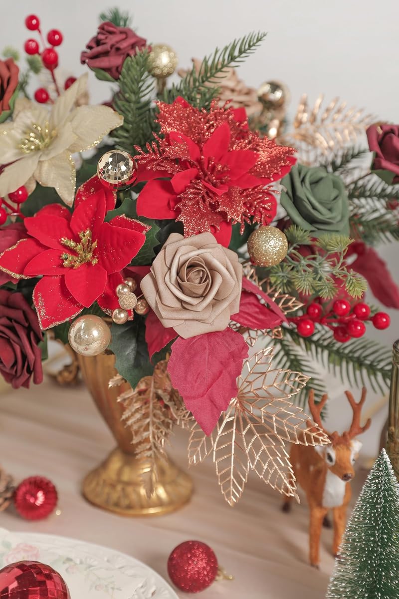 Red Poinsettias Christmas Artificial Flower Combo Set with Pine Stems & Gold Leaves - Rongflower Variation Chrismas Red Gold