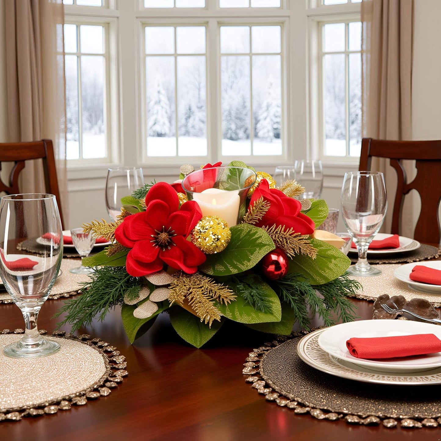 Regine Switzerland 18" Centerpiece - Flameless LED Candle Holder with Red Magnolia & Gold Baubles