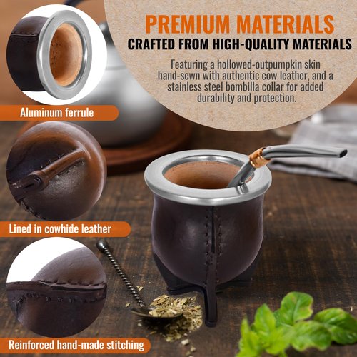 Handmade Yerba Mate Set - Cup and Bombilla with Pumpkin Gourd Kit - Mate Container - Mates Argentinos - Stainless Steel Bombilla (5.5 Approx)