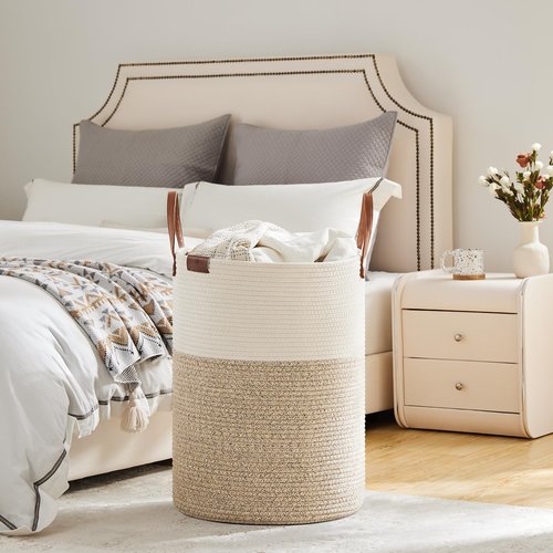 VIPOSCO Tall Laundry Basket, Large Dirty Clothes Hamper with Leather Handle, Woven Rope Storage Basket for Blanket, Toy In Living Room, Bathroom, Bedroom - 100L White & Brown