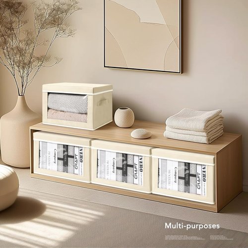 Homsorout Storage Cubes - 5 Pack Foldable Clear Window Bins with Lids | Large Beige Decorative Containers for Clothes & Blankets