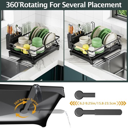 Epicano Dish Drying Rack - Space-Saving Rustproof Drainer with Utensil Holder & Knife Slots | Black
