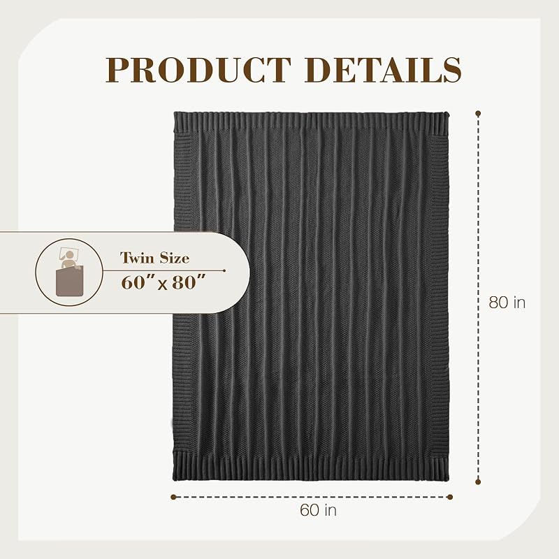 Carriediosa Dark Grey Knit Throw Blanket 60 x 80 with Cable Knit & Stripe Design