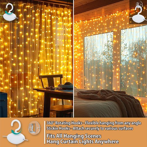 HXWEIYE 300LED Fairy Curtain Lights, 9.8x9.8Ft USB Plug-in 8 Modes Christmas String Hanging Lights with Remote for Bedroom Backdrop Wedding Indoor Wall Decor, Warm White, Standard – 1 Pack