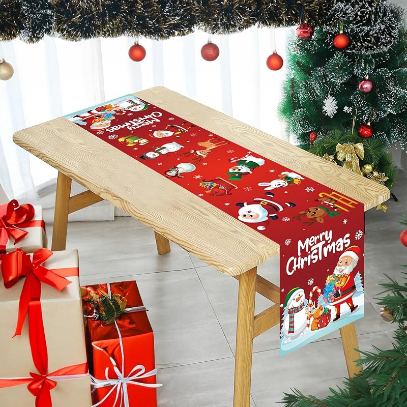 Christmas Table Runner - Santa Claus & Snowman Design, Durable Polyester, Easy-Clean