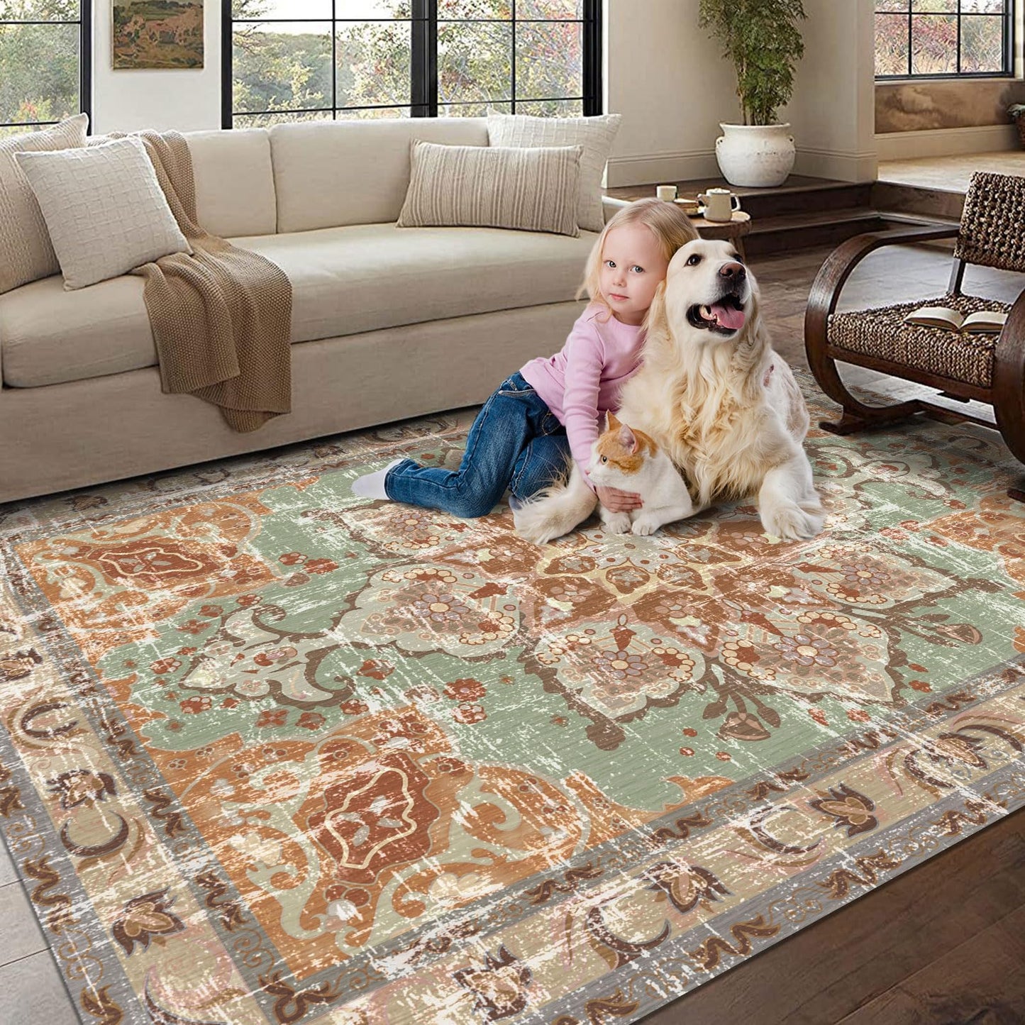 Vhong Washable 5x7 Area Rugs Vintage Boho Neutral Modern Brick Non Slip Large Carpet for Living Room Dining Room Bedroom Farmhouse