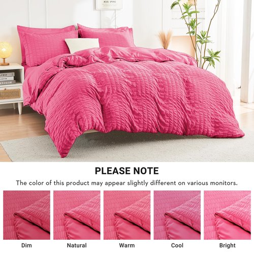 HYMOKEGE Hot Pink Queen Comforter Set Seersucker 7 Pieces, All Season Luxury Bed in a Bag Queen for Bedroom, Bedding Set with Comforter, Sheets, Pillowcases & Shams