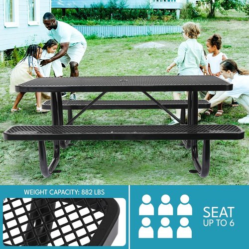Phyfalip 6 ft. Rectangular Outdoor Steel Picnic Table with Umbrella Pole, Heavy-Duty Weather-Resistant Dining Table for Patio, Backyard, and Garden, Rust-Resistant Finish, Black