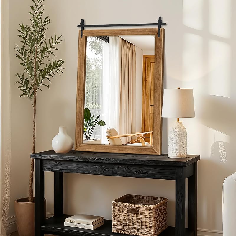 Wood Bathroom Mirror 24x36 in Farmhouse Brown Barn Door Design - Ready to Hang