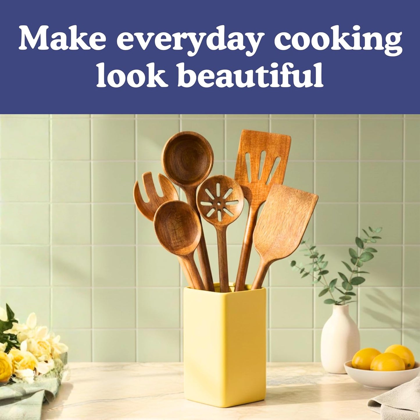 Non-Toxic Cooking Utensils - 6-Piece Wooden Utensil Set | Glue-Free, Natural Finish, Safe for Your Kitchen