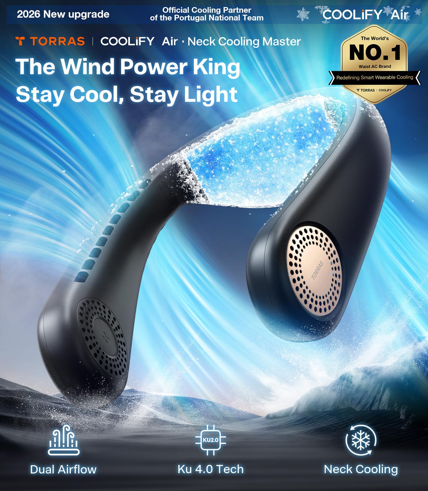 TORRAS COOLiFY Air 2026 Upgraded Neck Fan Air Conditioner, Dual-Airflow Pro Cooling, Ultra Light Portable Fan Rechargeable, Personal Cooling Fan Travel Essentials, Gift for Dad Husband Father, Black