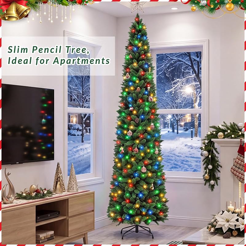NEWBULIG 9 ft Pencil Christmas Tree - Green with Multicolor LED Lights, 1100 Tips, 8 Modes, Slim Pre-Lit