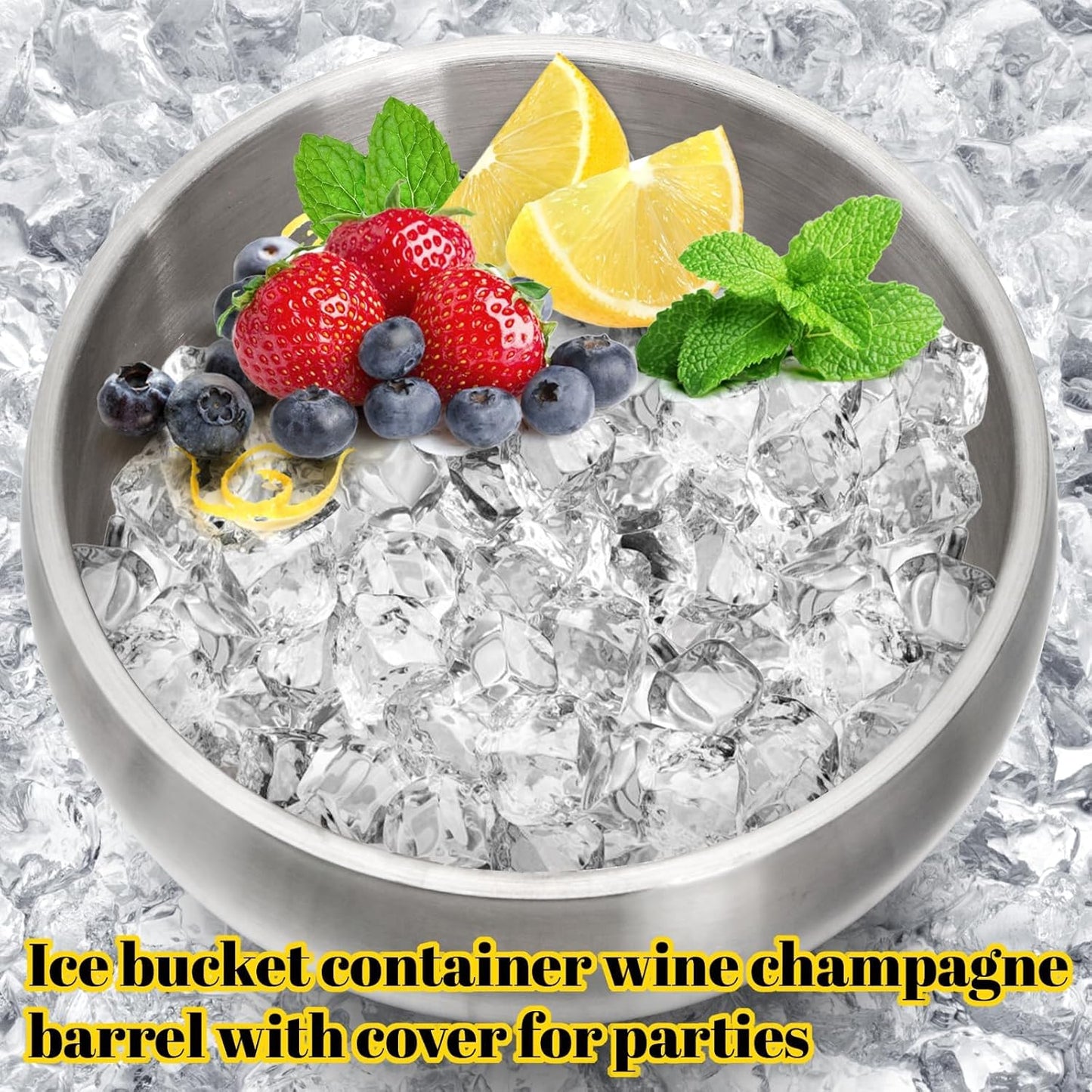 Yesland Ice Bucket with Lid, Double Insulation Ice Box Container Storage Box, 2 L Stainless Steel Ice Bucket Container with Ice Tong Scooper, Spherical Wine Champagne Barrel for Home Party Bar