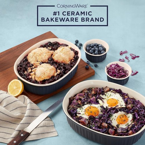 CorningWare 10-Piece Ceramic Bakeware Set - Chip & Crack Resistant | Microwave, Oven, Dishwasher Safe - French Navy