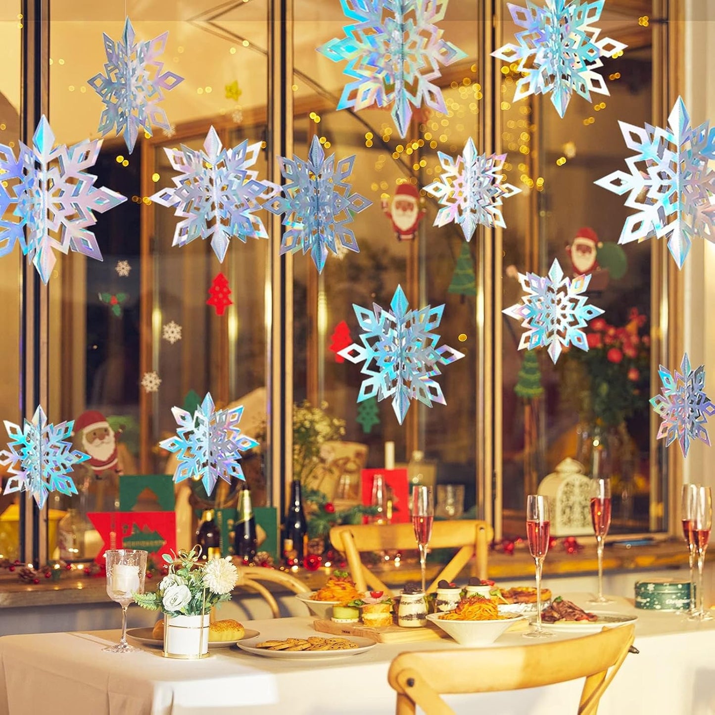 OuMuaMua Christmas Snowflake Decorations - 15pcs 3D Iridescent Holographic Snowflakes for Holiday Decor