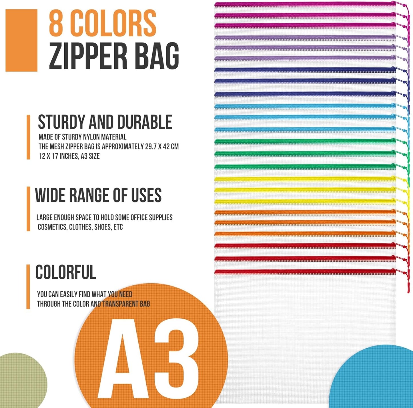 Skiennix 24pcs Mesh Zipper Pouch File Bags - Large A3 17x12 Inches for Classroom & Game Organization
