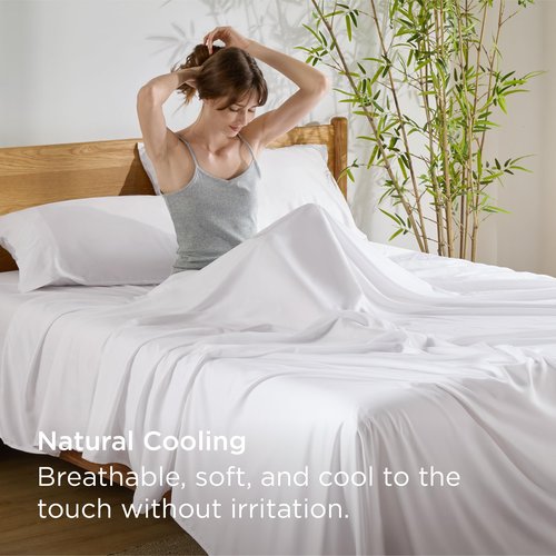 Bedsure Queen Sheet Set, Cooling Sheets for Queen Size Bed Set, Rayon Derived from Bamboo, PureWoven, Breathable & Soft, Deep Pocket Up to 16 Inches, Hotel Luxury Silky Bedding for Hot Sleepers, White