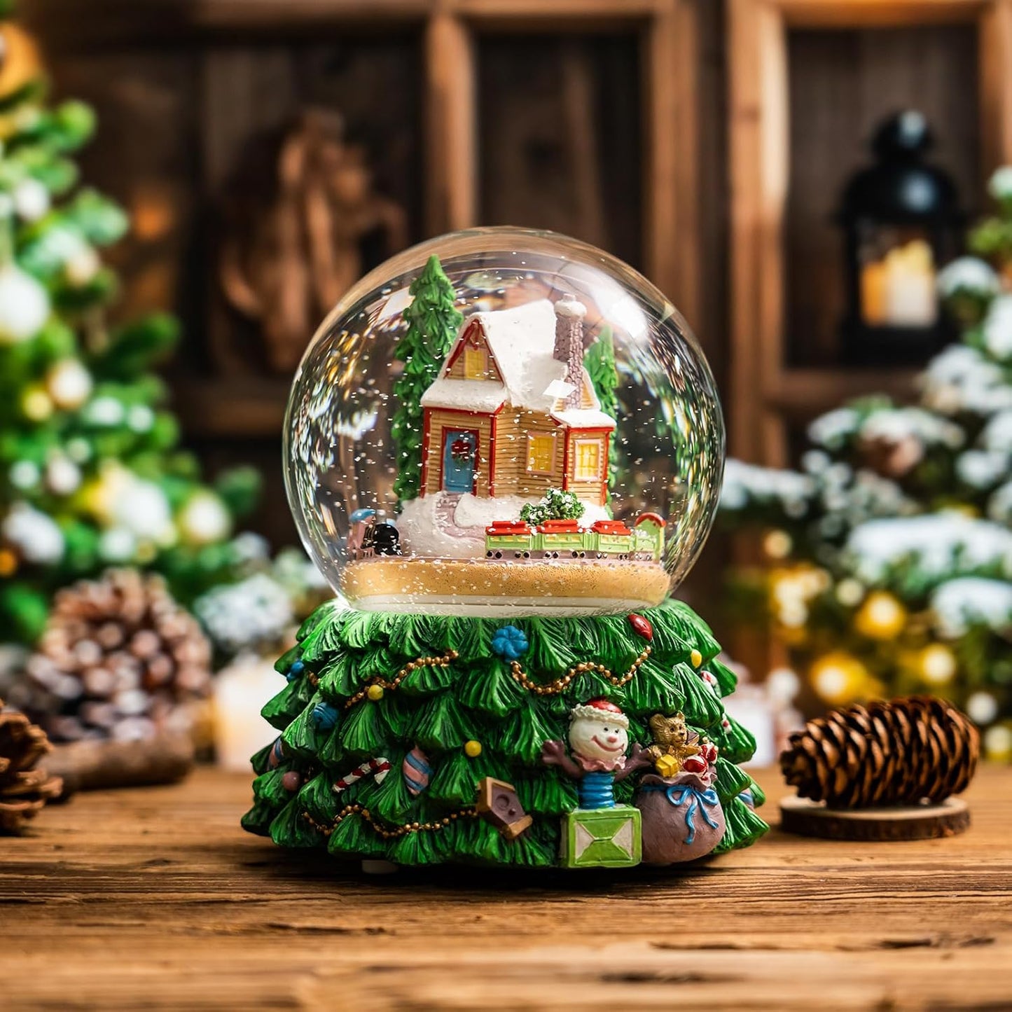 Revolving Christmas Train Snow Globe - Color-Changing LED Music Box with Hand-Painted Winter Scene