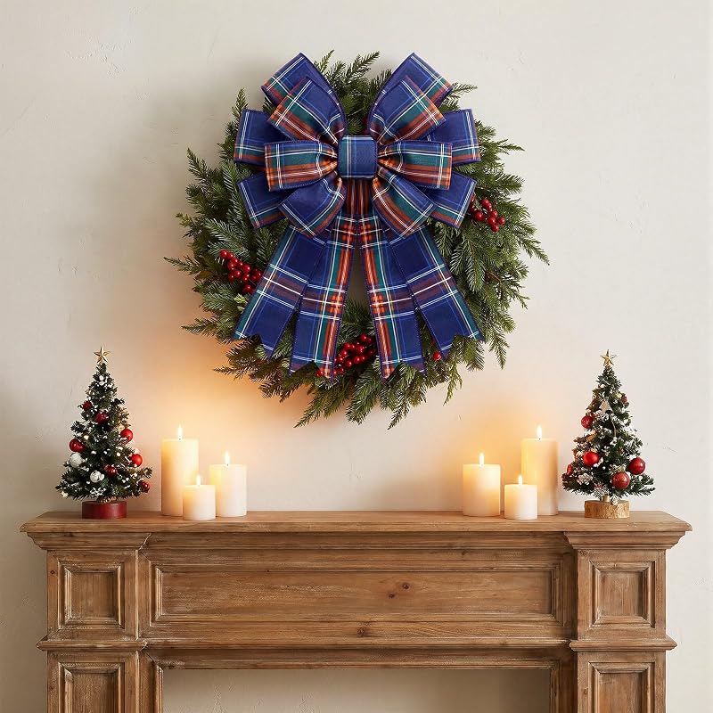 Navy Blue Plaid Wreath Bow, 17.7 x 14.5 in | Large Tartan Burlap Christmas Decor - Variation: Navy Blue
