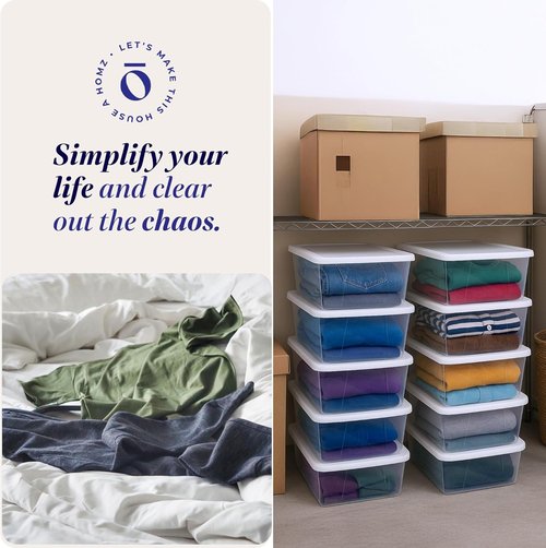 HOMZ 10-Pack Snaplock Storage Bins - Clear Plastic Organizer Containers with Lids, 6 Quart, White