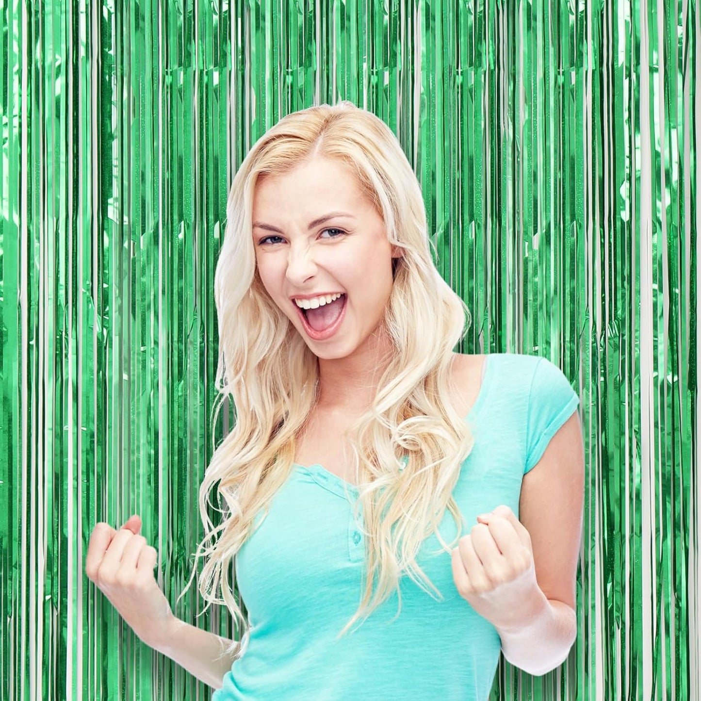 Voircoloria Laser Green Foil Fringe Backdrop Curtains - 3 Pack Tinsel Streamers for Parties & Events