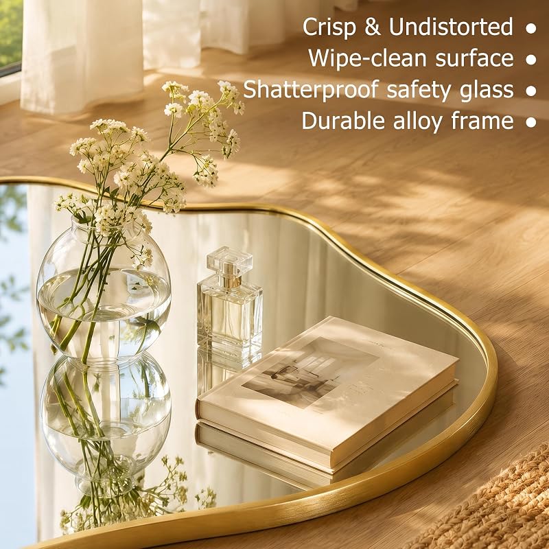 Irregular Full Length Floor Mirror 62.2" x 22.8" with Gold Frame – Wavy Modern Design, 1:1 Reflection