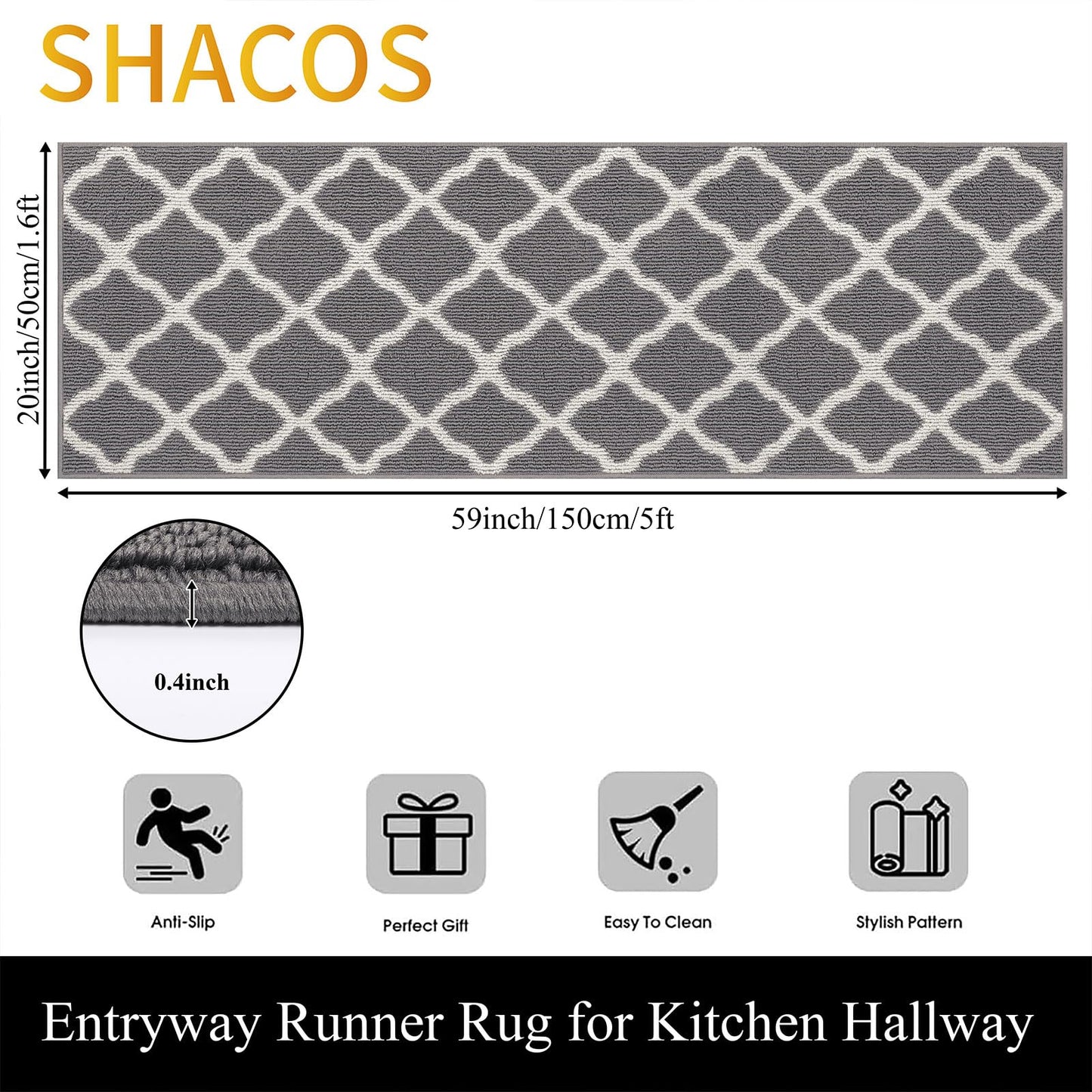 SHACOS Washable Runner Rug 20"x59" Dirt Trapping Non Slip Rubber Backing Rug Runner Floor Mats Carpet Runners for Entryway Hallway Kitchen Garage Laundry Room, Light Gray