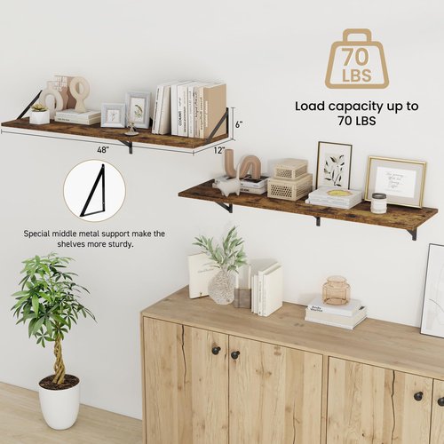 Fun Memories Floating Shelves for Wall, 12 Inch Deep Floating Shelves Set of 2, 48W x 12D Large Wall Shelf with Sturdy Metal Brackets for Living Room, Bathroom, Bedroom and Kitchen, Rustic Brown