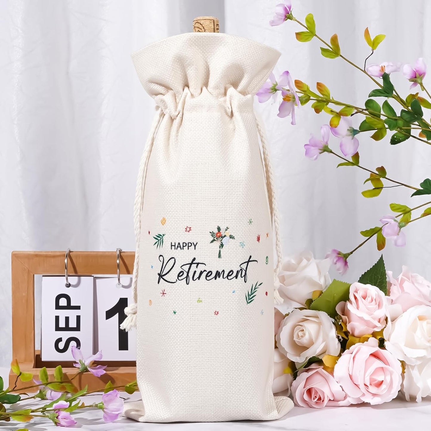 Retirement Wine Bag Farewell Gifts - Going Away Gifts for Retirees, Friends, Coworkers, Boss, Teachers, Employees, Women, Floral Drawstring Burlap Wine Bottle Bag for Retired, Goodbye, New Beginnings