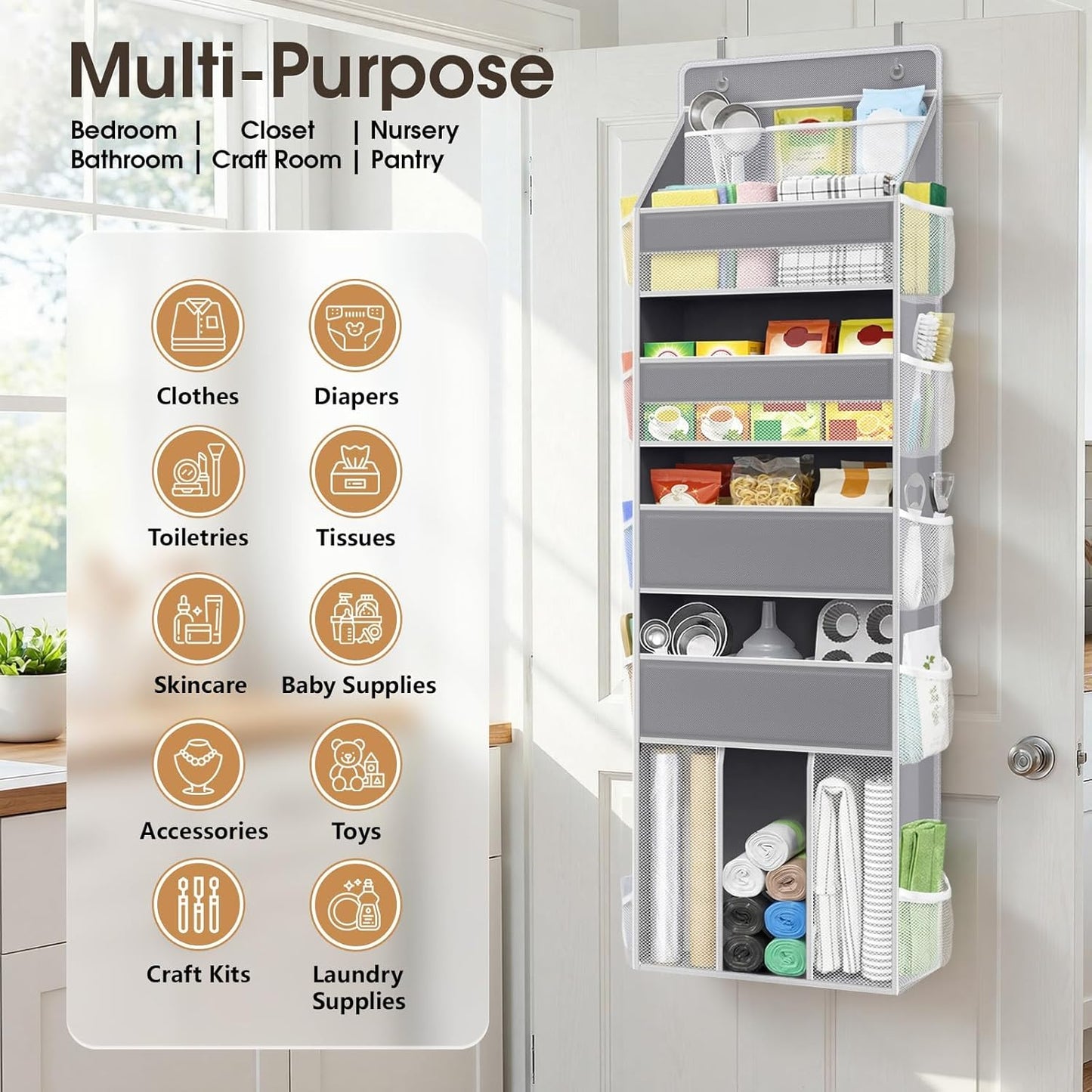 WISELIFE 5-Tier Over the Door Organizer - Heavy-Duty 50LB Capacity with 5 Spacious & 13 Mesh Pockets | Gray