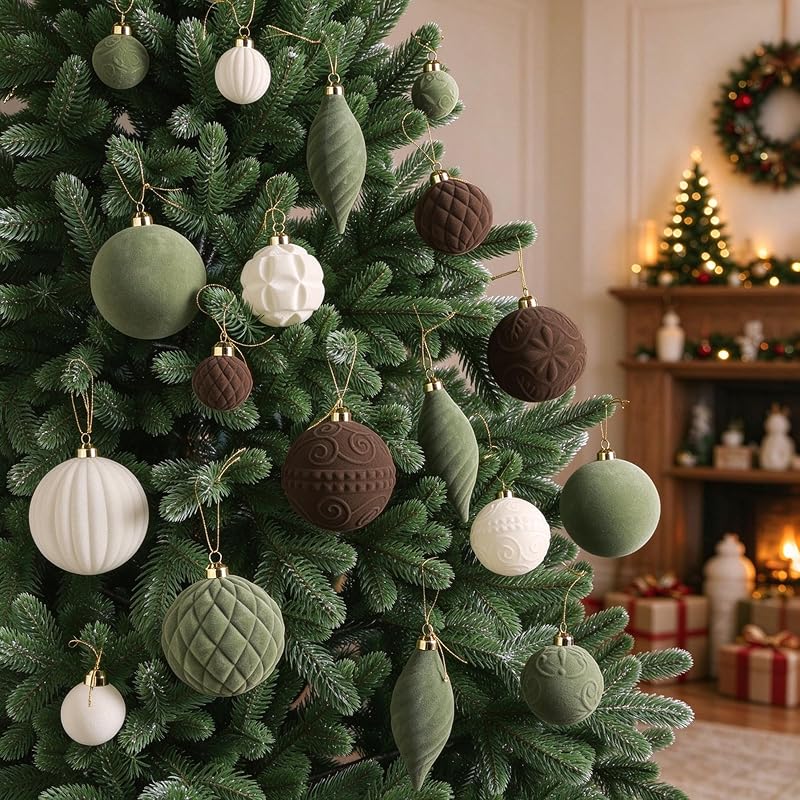 52 Pcs Velvet Christmas Ornaments Set - Flocked Shatterproof Balls, Brown Cream Green (Variation of THIS listing)