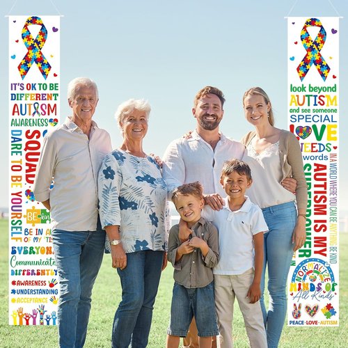 DoubleFill Autism Awareness Banners - 2 Pcs Puzzle Piece Door Decorations | Indoor/Outdoor Support Sign