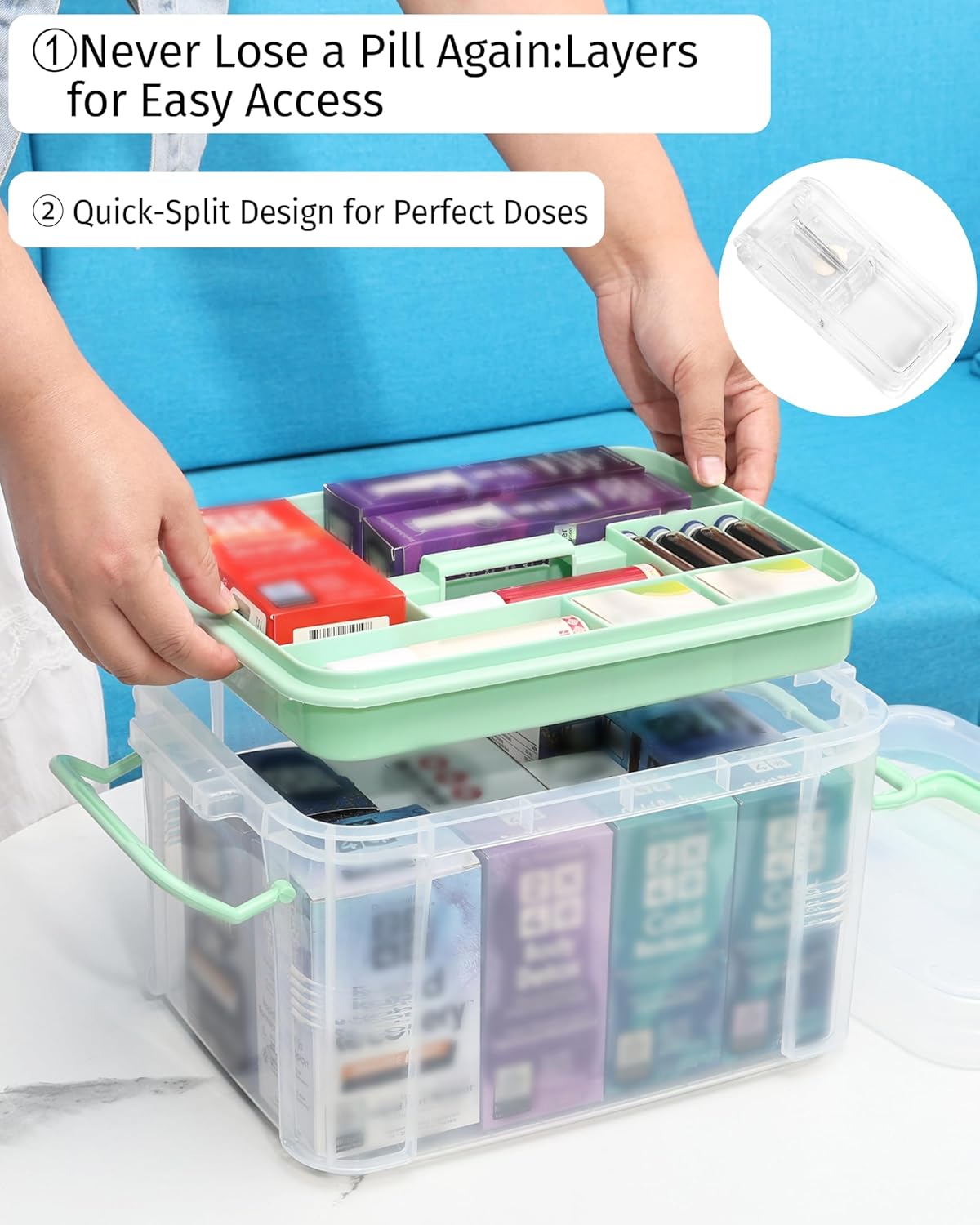 Skiennix Medicine Organizer Storage Box - 2 Pack Clear Portable Pill Splitter with Lids & Labels