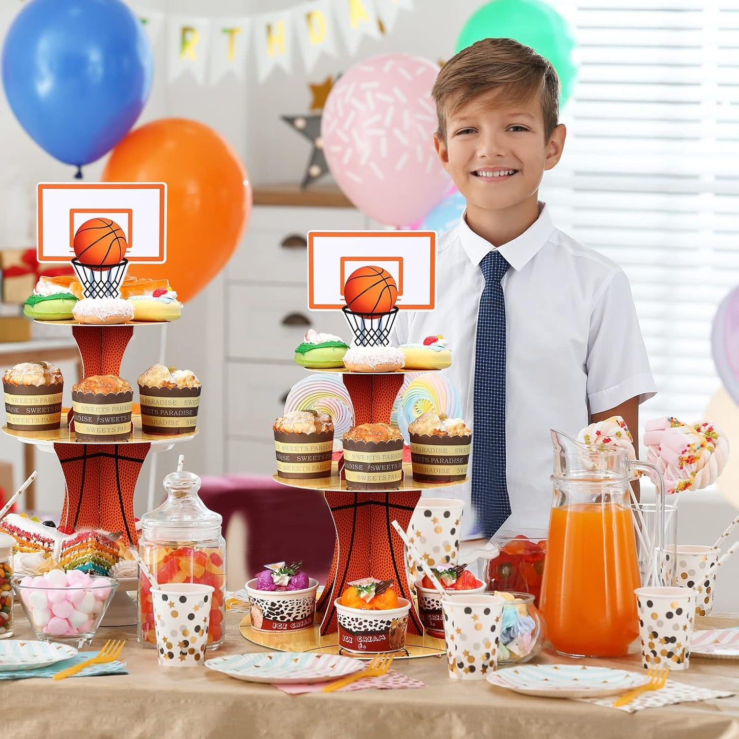 Nuenen Basketball Cupcake Stand - 3 Tier Sports Party Display for Birthday Celebrations