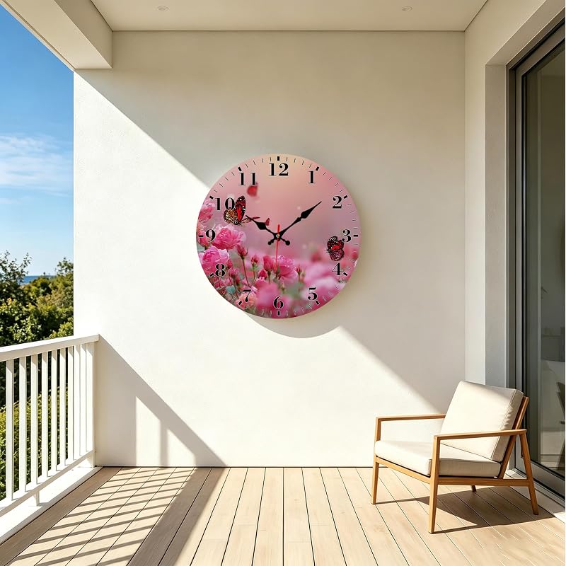12-Inch Silent Round Wall Clock with Non-Ticking Mechanism - Pink Rose Butterfly Variation