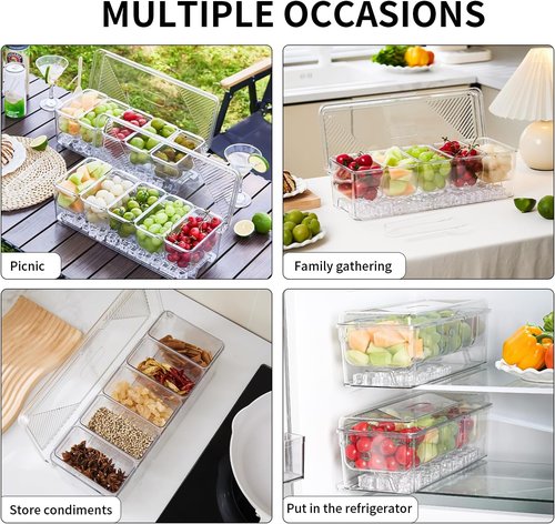 Ice Chilled Condiment Caddy,Stackable Chilled Condiment Containers,Serving Platters with Lid and 5 Removable Compartments,Set of 5 Serving Spoons & 2 Clips (1pack)