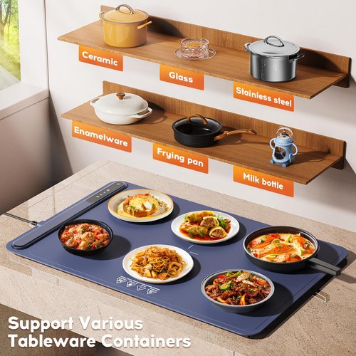 Food Warming Mat, Voriah Electric Warming Tray, Silicone Warming Mat for Food, Heating Mat for Food with 3 Adjustable Temperature 3 Hours Timing, Heating Portable Hot Plates for Parties Buffets